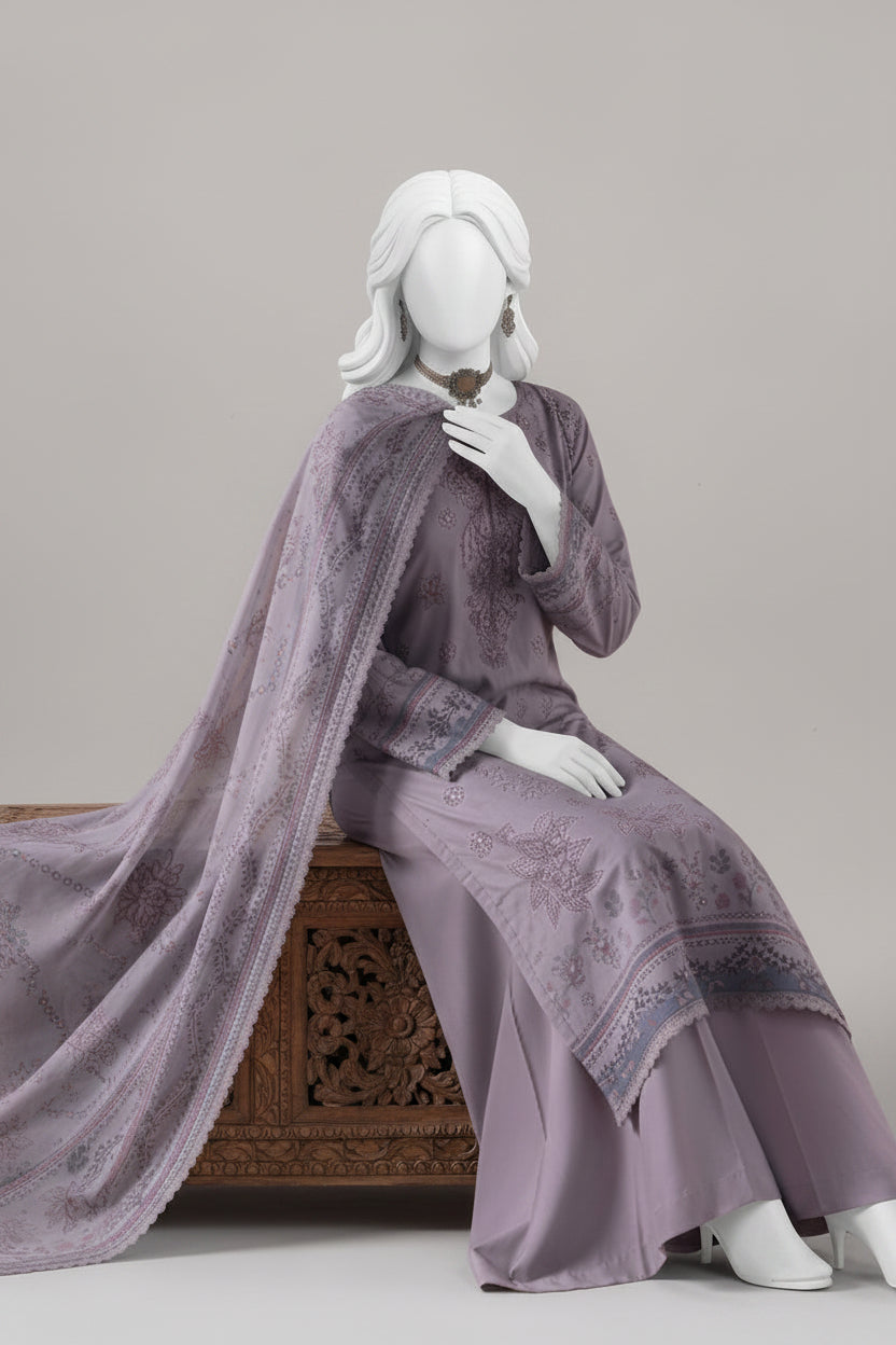 A mannequin wearing a lavender-purple traditional outfit with matching sheer embroidered dupatta, seated on a wooden bench against a solid peach-pink background.