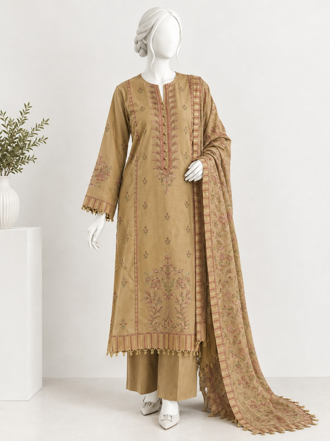 Unstitched Embroidered Karandi - camel beige