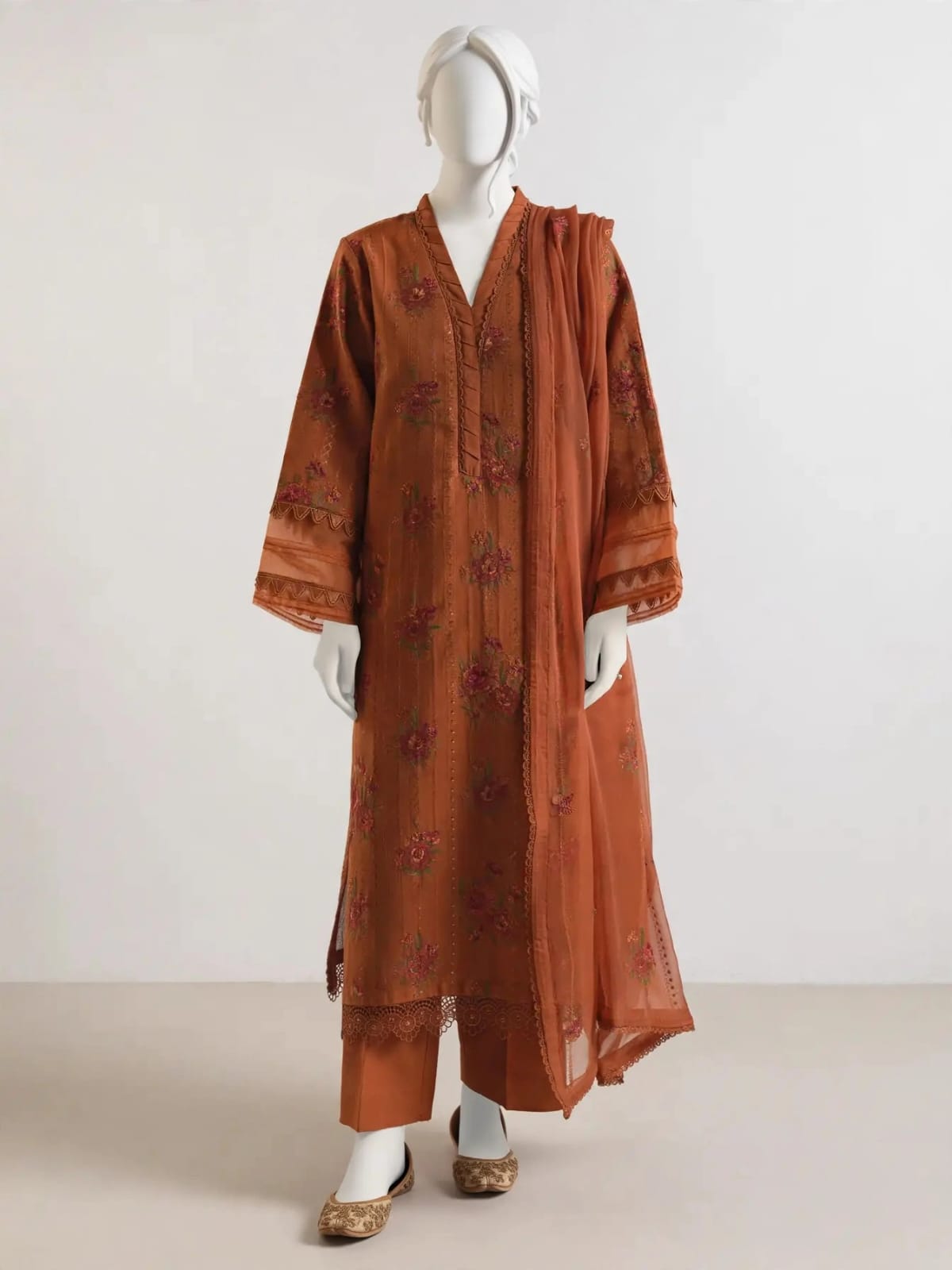 Unstitched Embroidered Karanadi - burnt terracotta orange