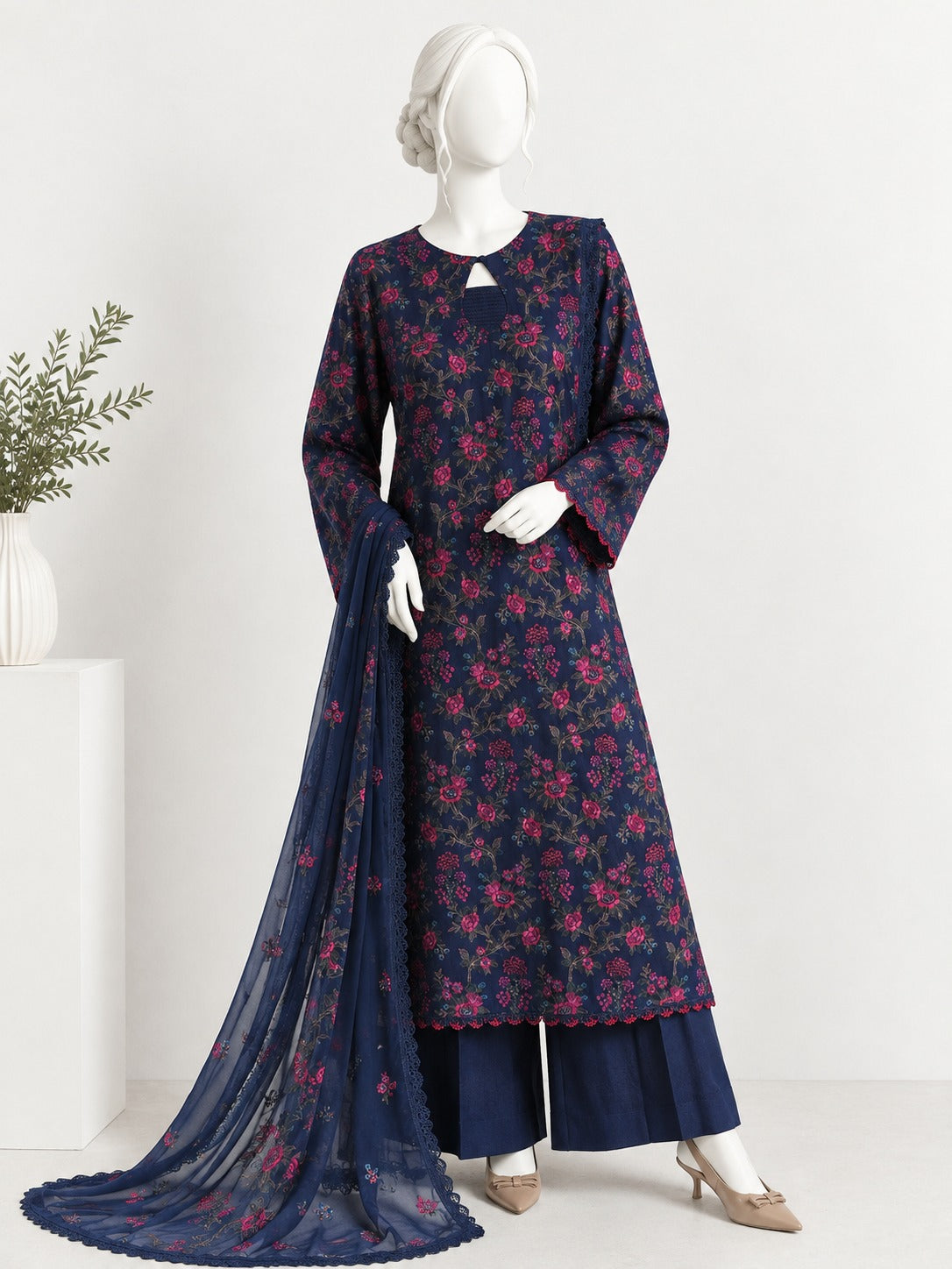 Unstitched EMBROIDERED KARANDI - Navy Blue