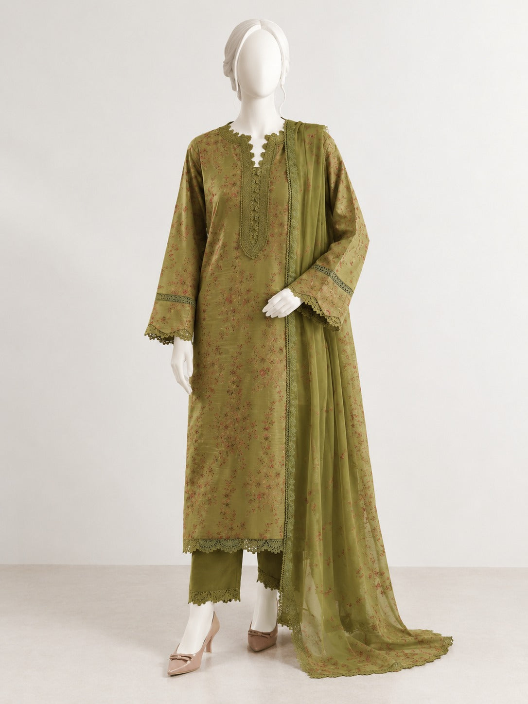 Unstitched Embroidered karandi -  Olive Green
