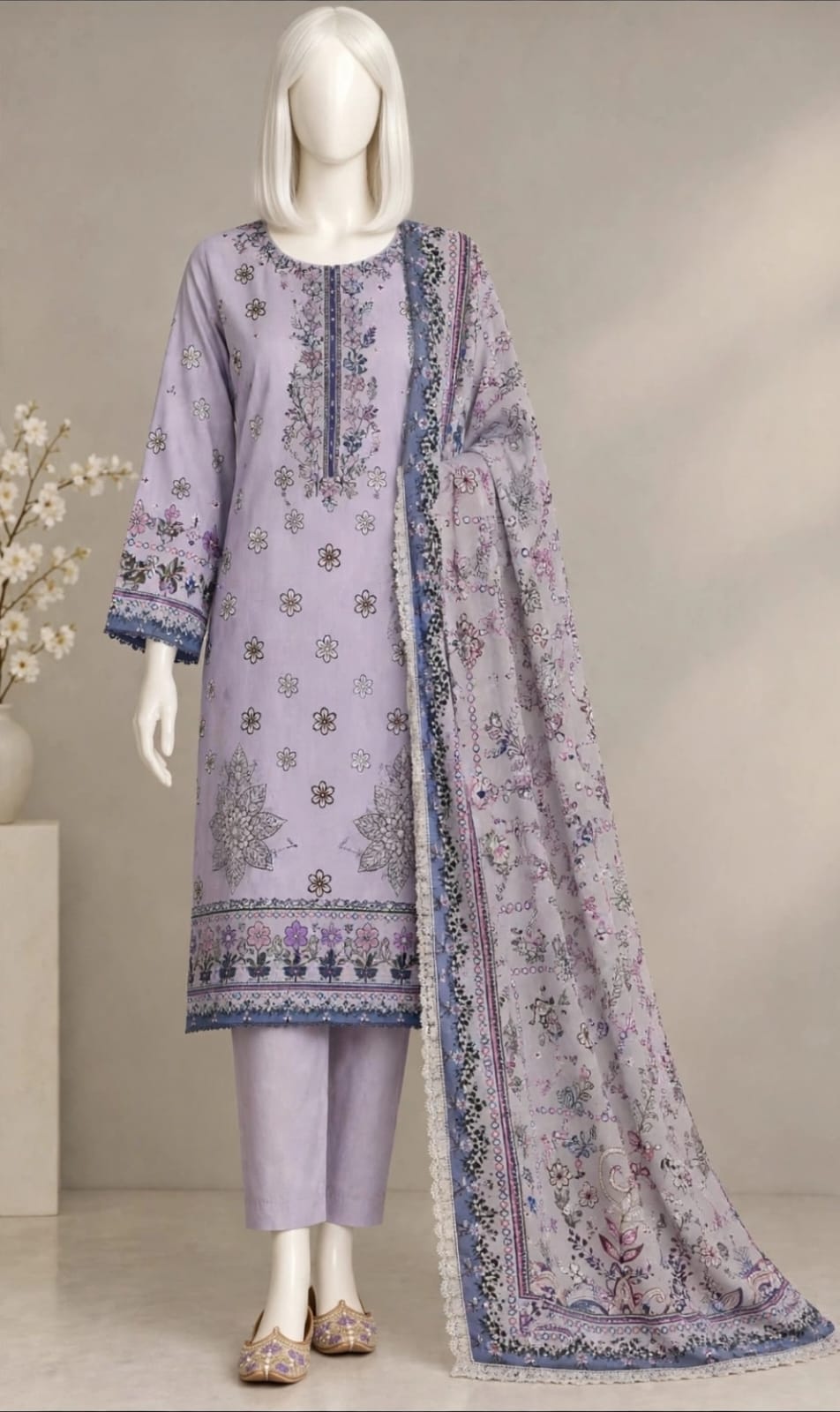 Lavender Bloom - 3 Piece Stitched Embroidered Karandi Pret