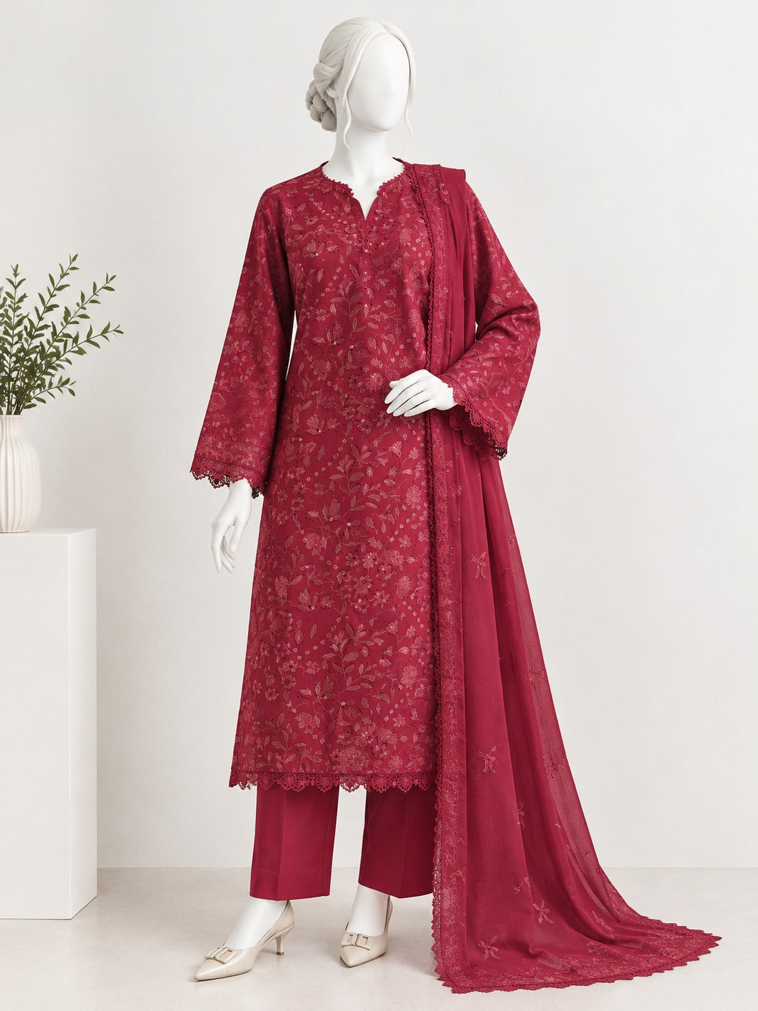 Unstitched Embroidered  karandi - deep raspberry red