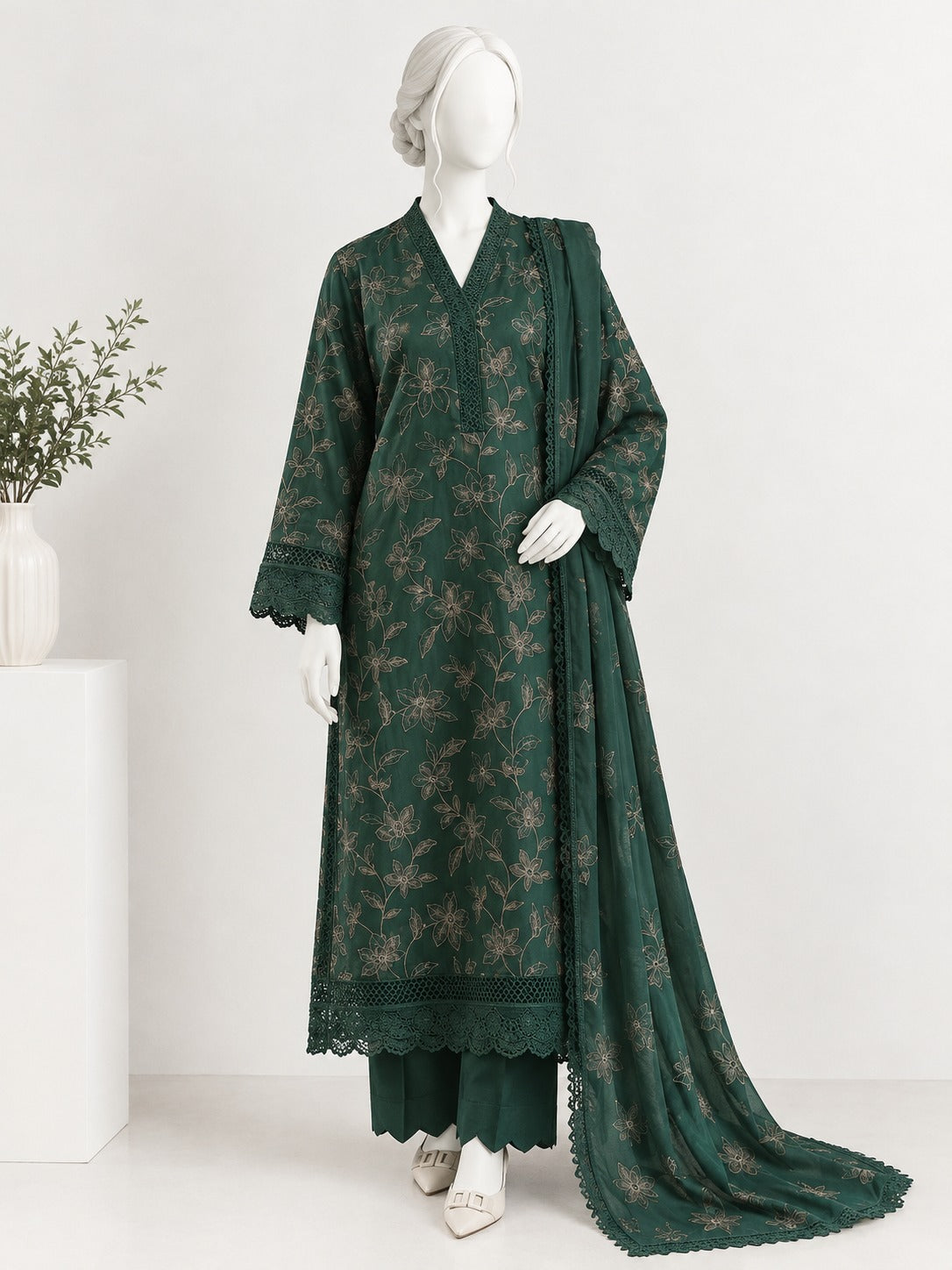Unstitched embroidered karandi - emerald green
