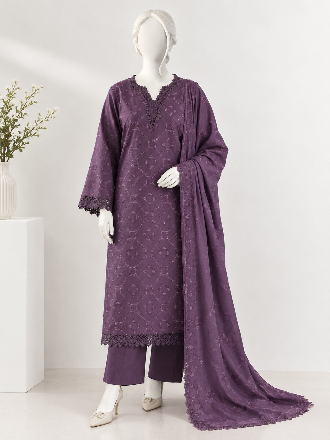 Unstitched EMBROIDERED KARANDI - dusty plum purple