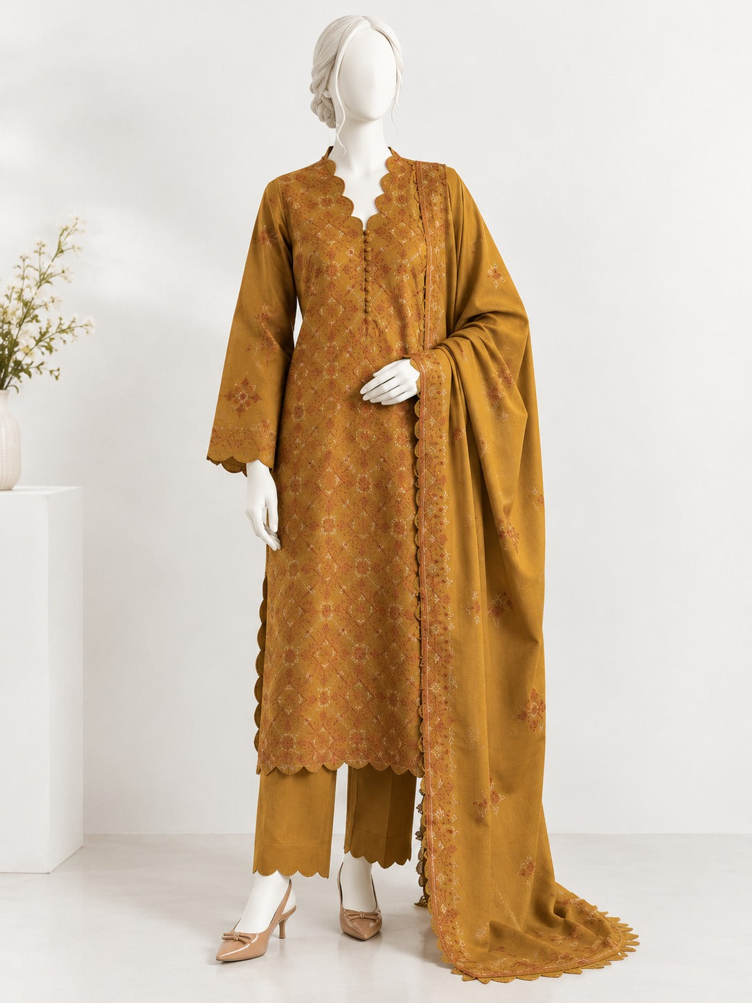 Unstitched EMBROIDERED KARANDI -  Honey Mustard