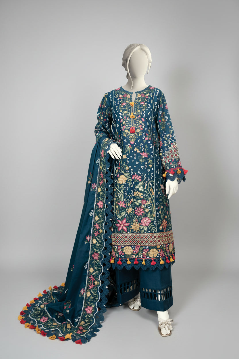 Mannequin wearing a blue embroidered outfit in a room.