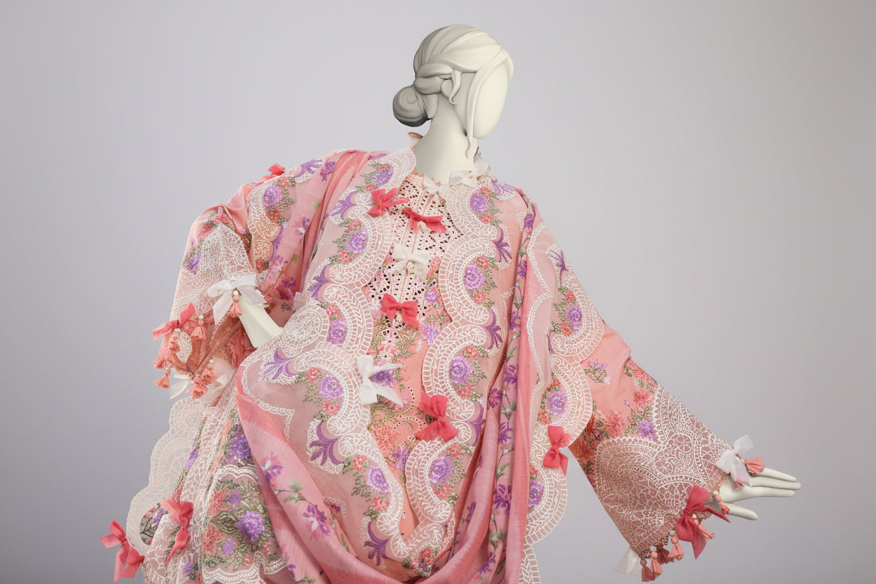 Mannequin wearing a pink floral kimono with decorative bows outdoors.