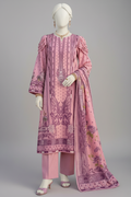 Mannequin wearing a pink and purple printed outfit with a dupatta in an outdoor setting.