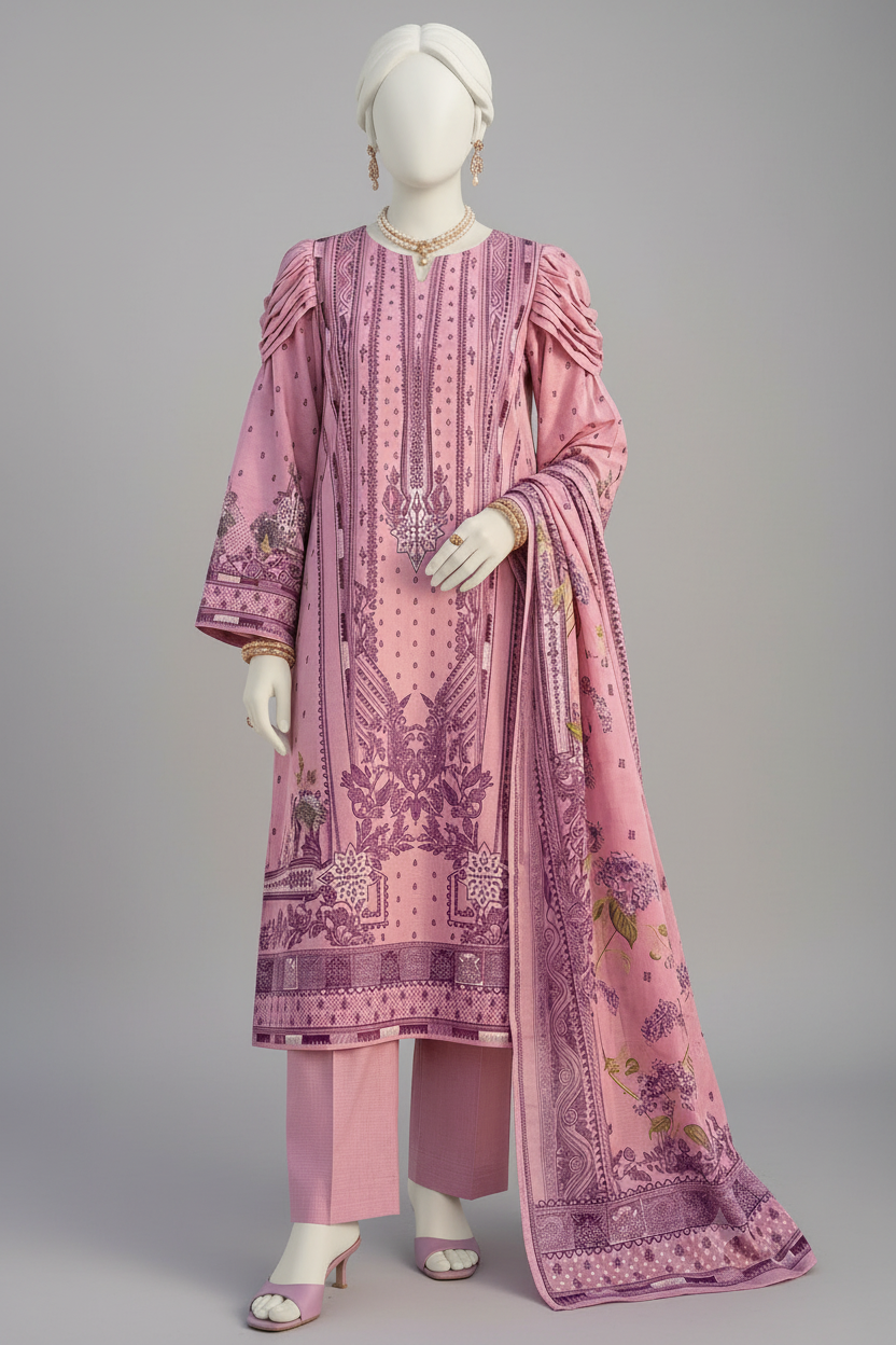 Mannequin wearing a pink and purple printed outfit with a dupatta in an outdoor setting.