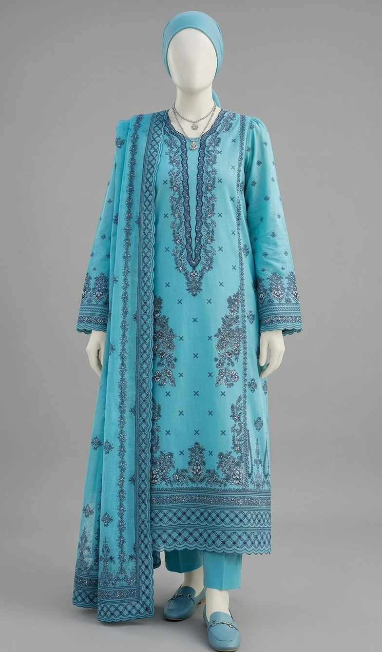Premium Lawn 3-Piece Unstitched Suit - Turquoise Blue (US19)