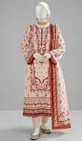 Premium Lawn 3-Piece Unstitched Suit - Cream & Red