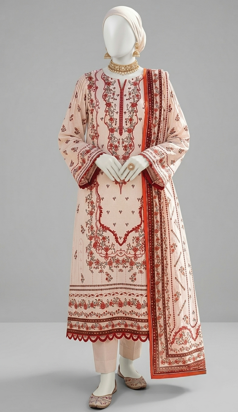 Premium Lawn 3-Piece Unstitched Suit - Cream & Red