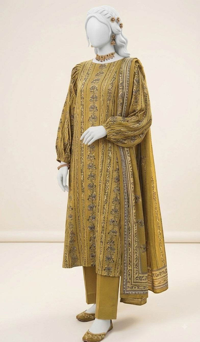 A mustard yellow traditional outfit displayed on a white mannequin, featuring a long kurta with vertical metallic embroidery, matching trousers, and a draped dupatta, set against a plain beige studio background.