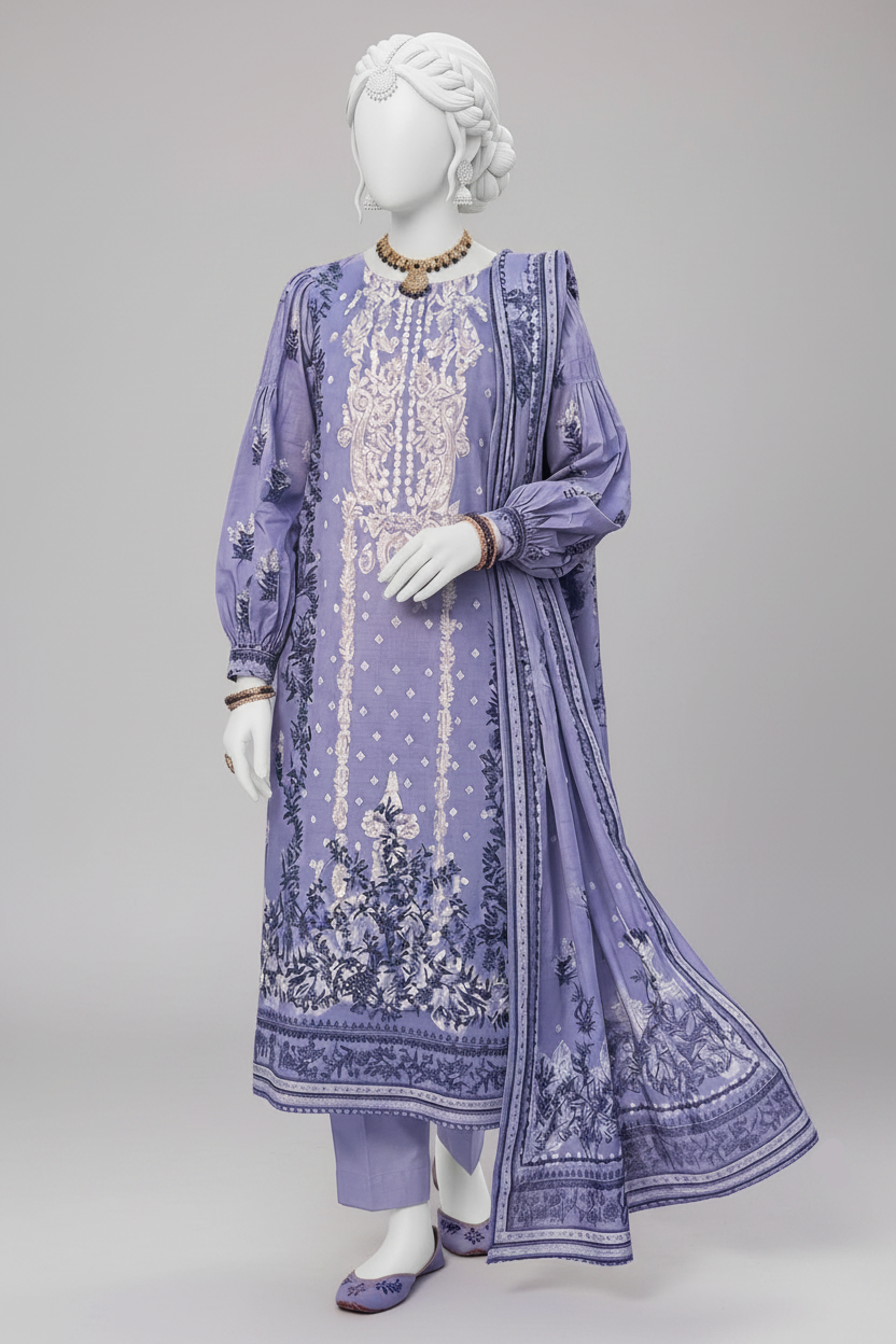 A lavender purple traditional South Asian outfit with white embroidery, displayed on a mannequin in an outdoor event setting with a floral arch and pathway.