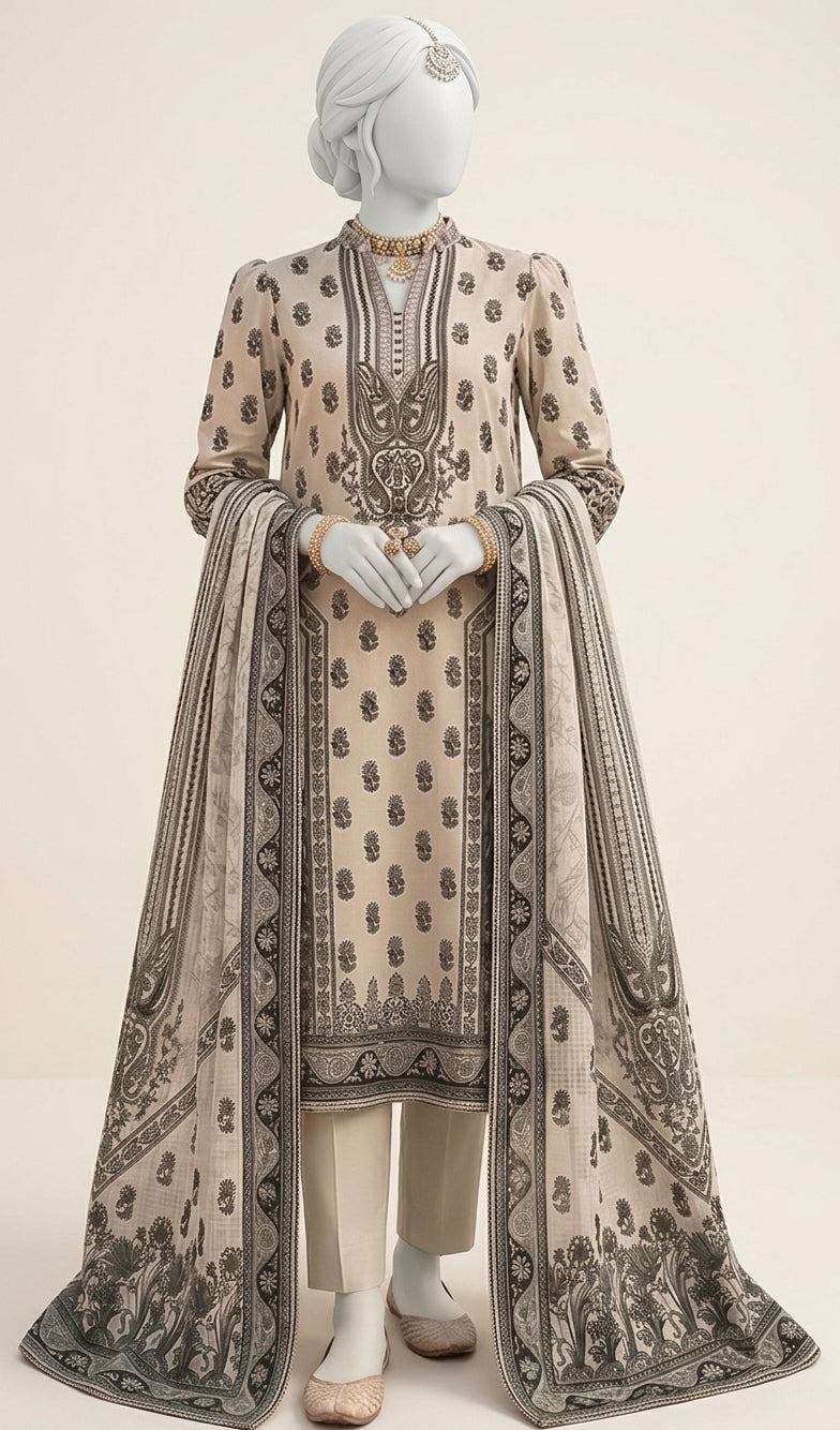Premium Lawn 3-Piece Unstitched Suit (US32) – Beige & Charcoal