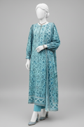 A long blue printed kurta-style dress displayed on a mannequin in an outdoor floral event setup. The dress has a light blue base with darker blue geometric and floral motifs, paired with matching printed dupatta and light blue pants.