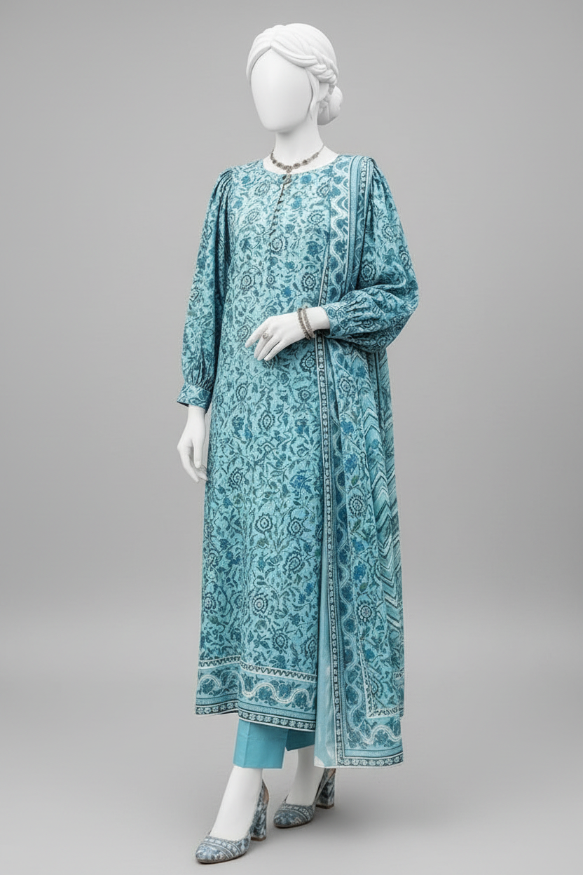 A long blue printed kurta-style dress displayed on a mannequin in an outdoor floral event setup. The dress has a light blue base with darker blue geometric and floral motifs, paired with matching printed dupatta and light blue pants.