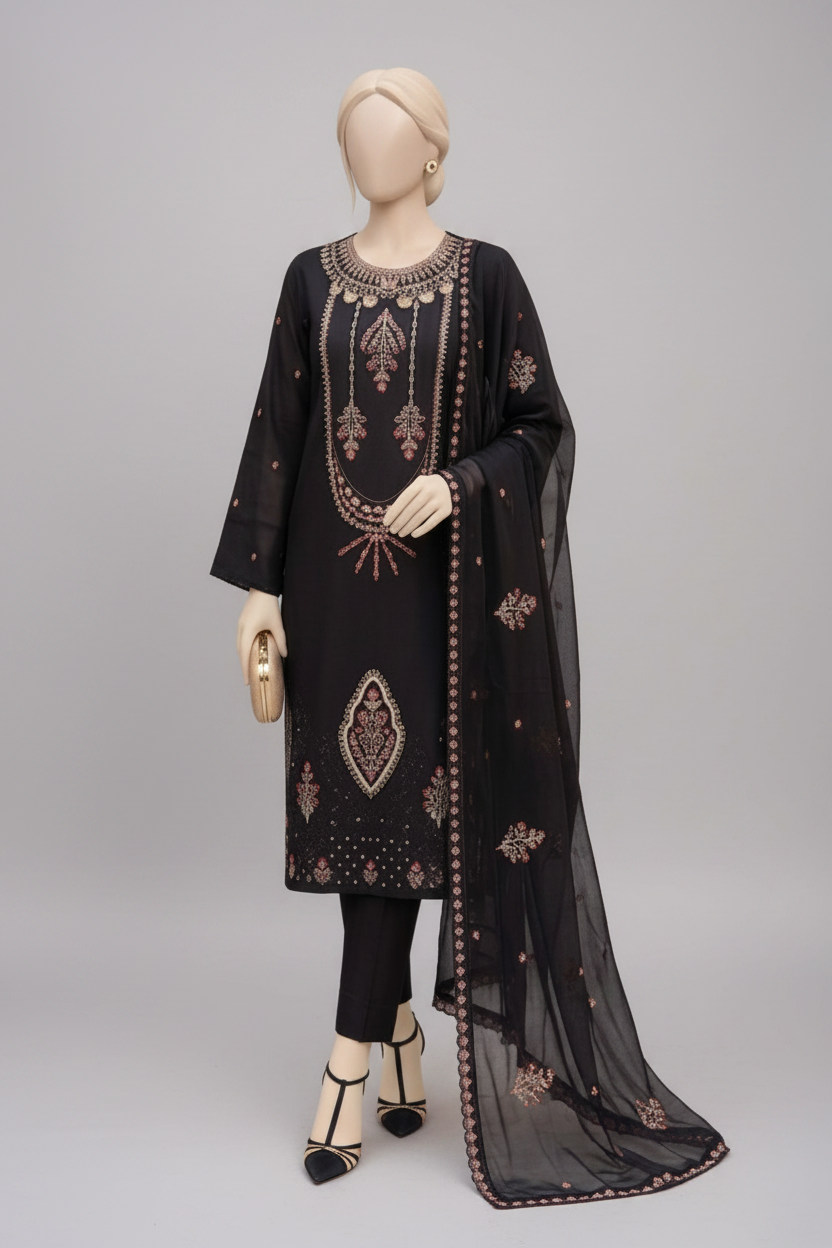 A black three-piece traditional outfit displayed on mannequins in an ornate indoor setting with gold-framed furniture, red cushions, and decorative orange flower arrangements. One mannequin stands upright showing the full kurta, pants, and dupatta, while the other sits to show the draped fabric detail.