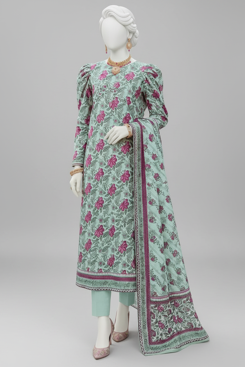 A three-piece Indian ethnic suit set displayed on a mannequin, featuring a mint green kurta with pink floral embroidery, matching trousers, and a coordinating dupatta, set against a decorated event venue background.