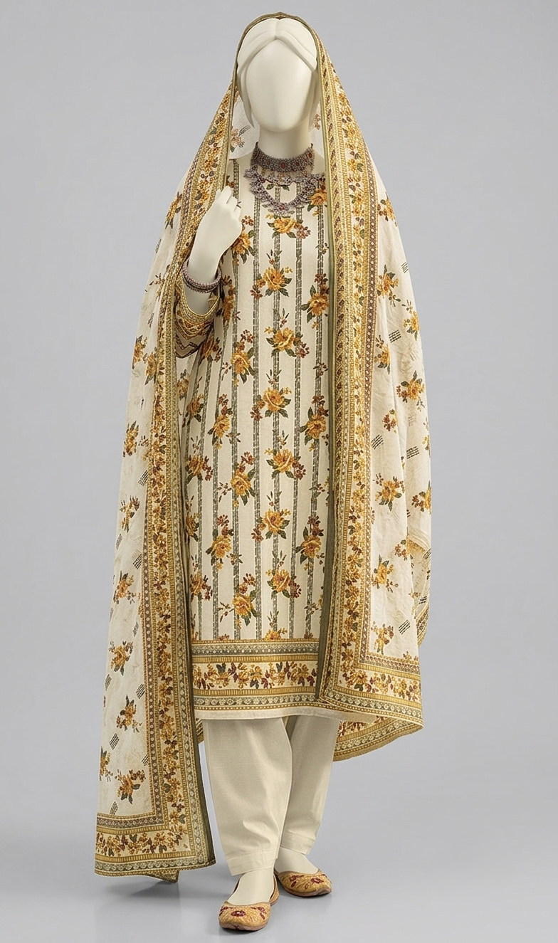 Premium Lawn 3-Piece Unstitched Suit - Cream & Yellow Floral