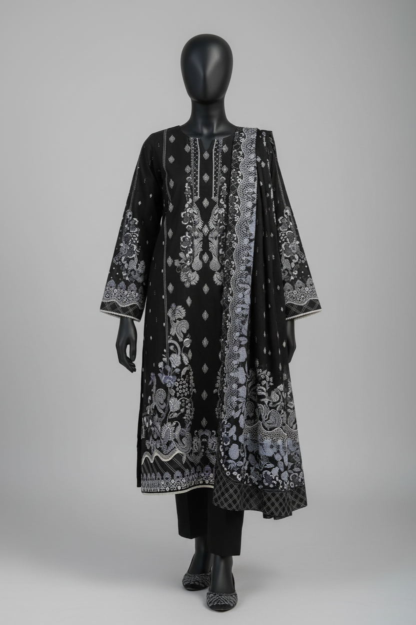 Mannequin wearing a black printed
outfit with a desert background