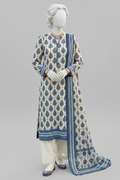 3-Piece Premium Printed Lawn Suit – Off-White & Navy Blue (US31)