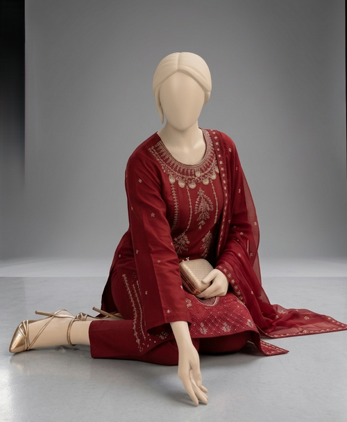 3-Piece Premium Embroidered Bana Dora Lawn Suit – Deep Maroon