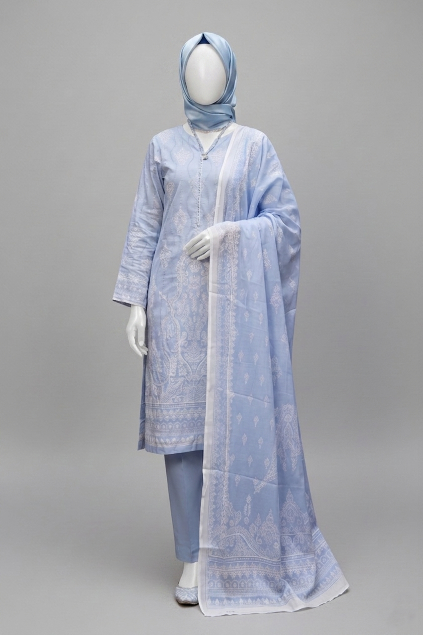 Premium Lawn Embroidered Series - Ice Blue (3-Piece Unstitched)