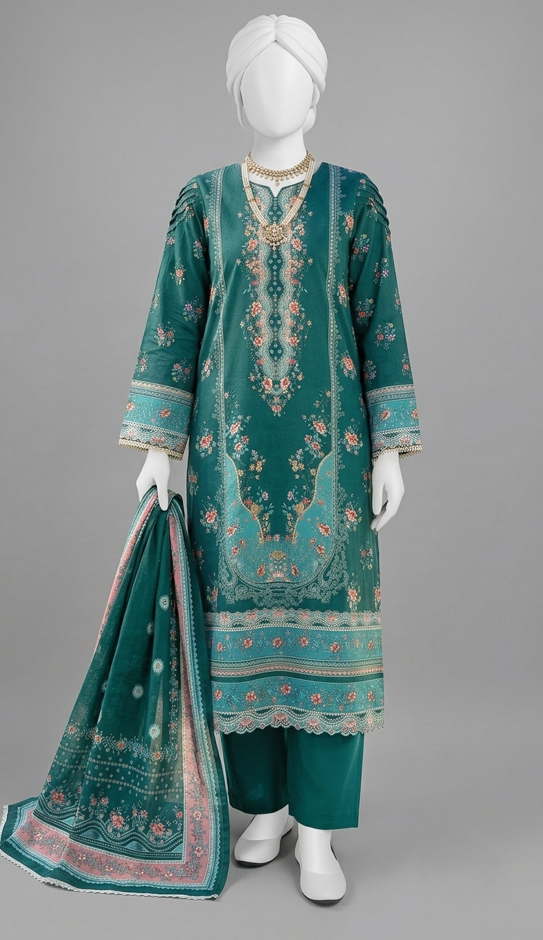 Premium Lawn 3-Piece Unstitched Suit - Emerald Teal