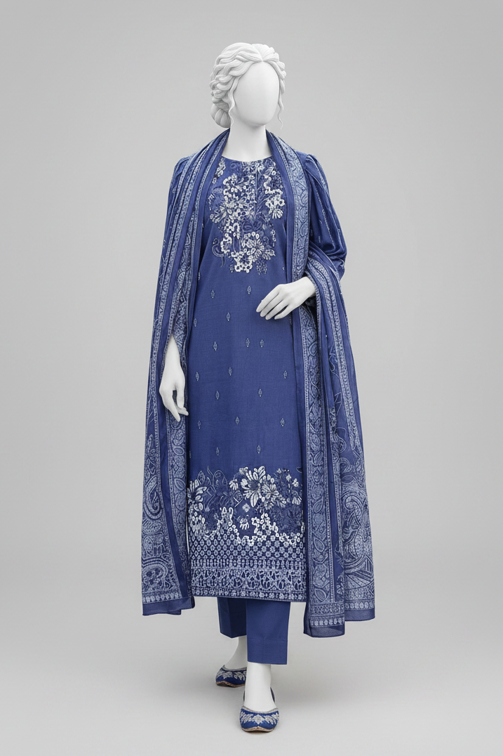 A blue three-piece traditional outfit displayed on a white mannequin, featuring a kurta with white embroidery, matching pants, and a coordinating dupatta, set against an outdoor garden event backdrop with floral arrangements and string lights.