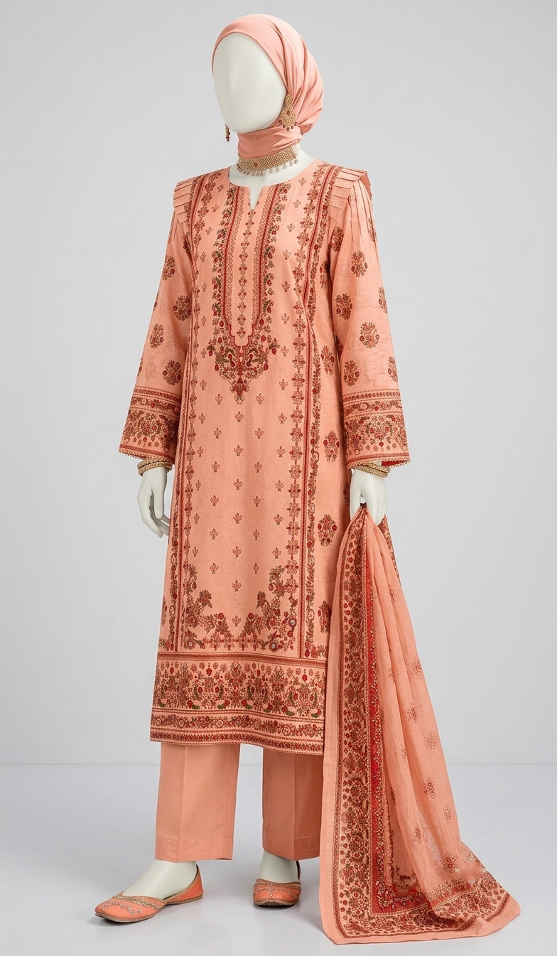 Premium Lawn 3-Piece Unstitched Suit - Peach Salmon