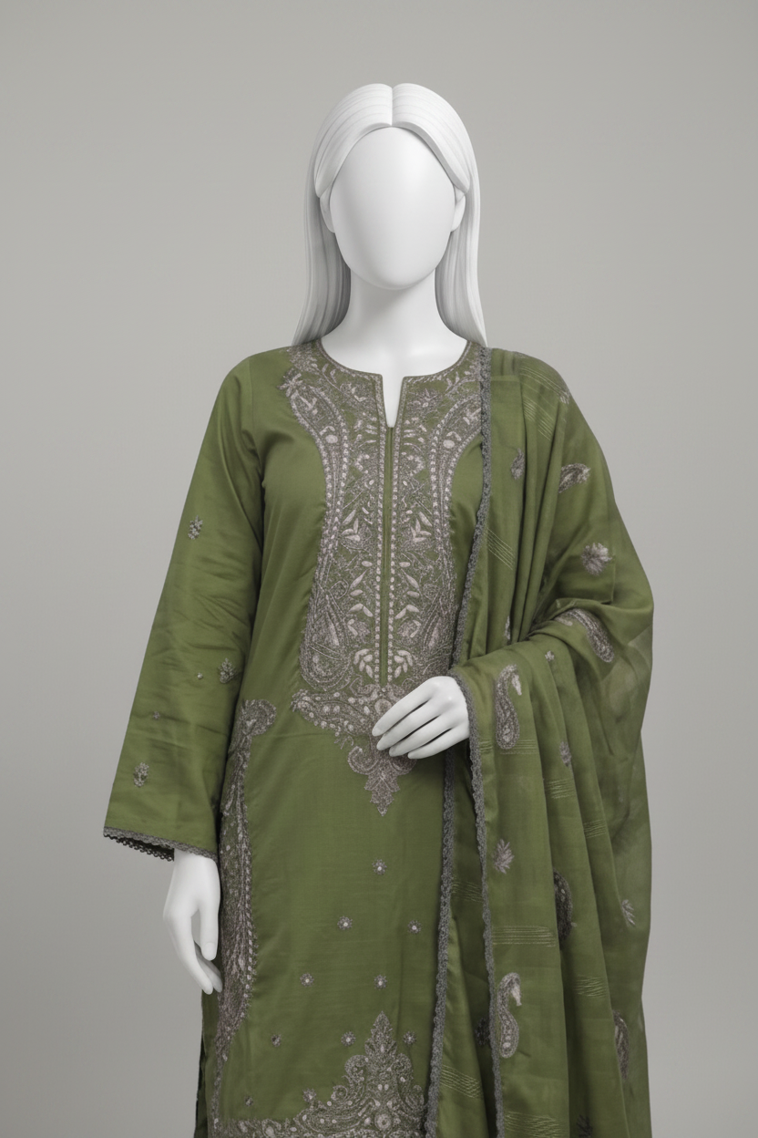An olive green three-piece salwar kameez suit with silver embroidery, displayed on a white mannequin in a grand indoor hallway with a staircase.