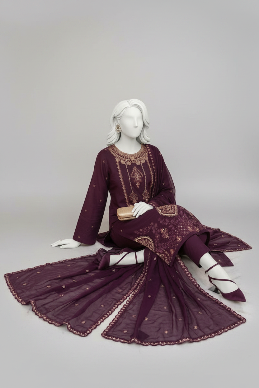 A mannequin dressed in a deep purple embroidered traditional outfit with matching sheer dupatta, posed in an ornate indoor courtyard with marble floors, gold furniture, and bowls of orange flowers.