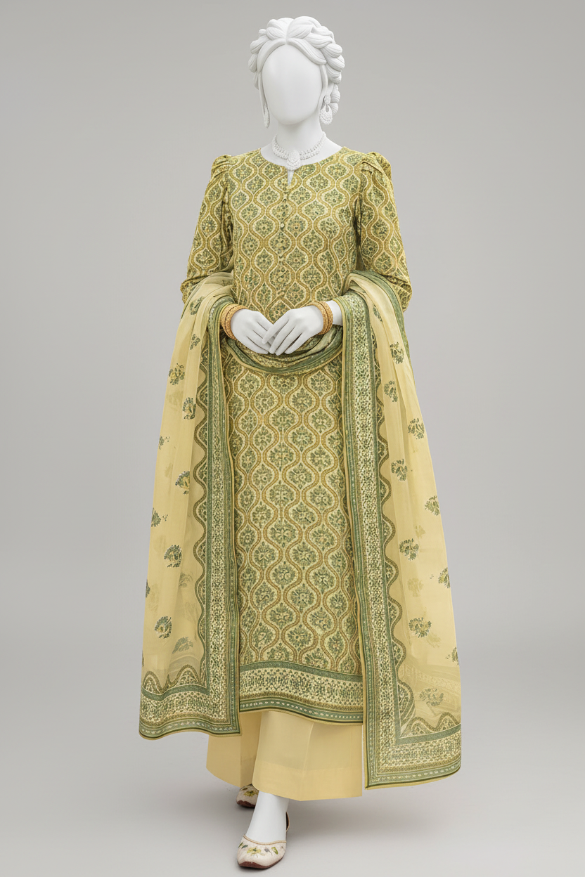 A three-piece Indian ethnic suit set displayed on a white mannequin, featuring a light yellow-green kurta with green embroidery, matching pants, and a dupatta, set against an outdoor wedding venue background.