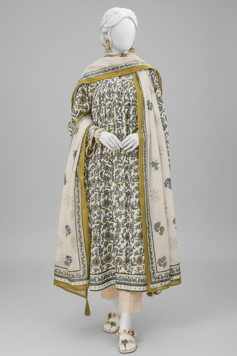 A three-piece traditional South Asian outfit displayed on a mannequin, featuring a printed kurta, trousers, and a dupatta in beige with green and gold floral patterns, set against an outdoor garden backdrop with floral arrangements.