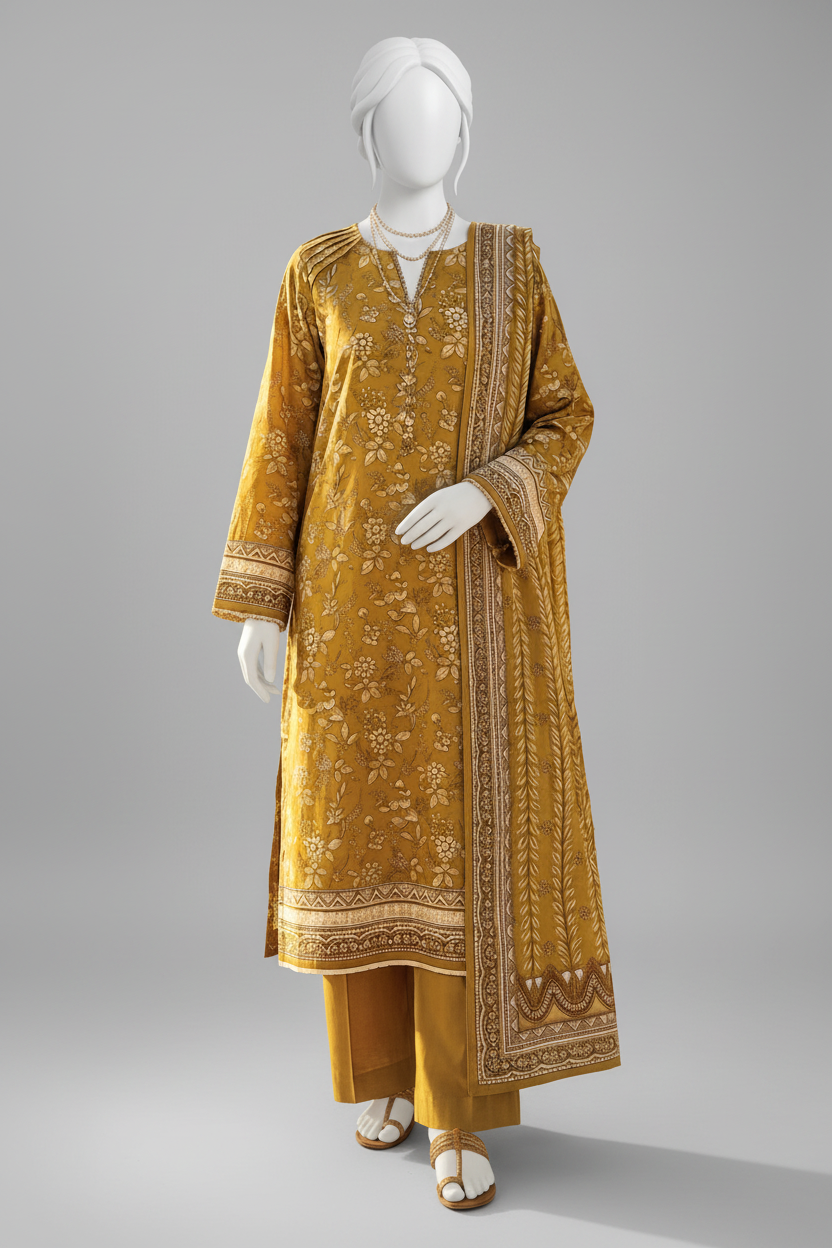 Mannequin wearing a yellow printed outfit in a desert setting with vehicles and trees.
