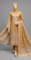 Mustard yellow embroidered traditional outfit with dupatta on a gray background