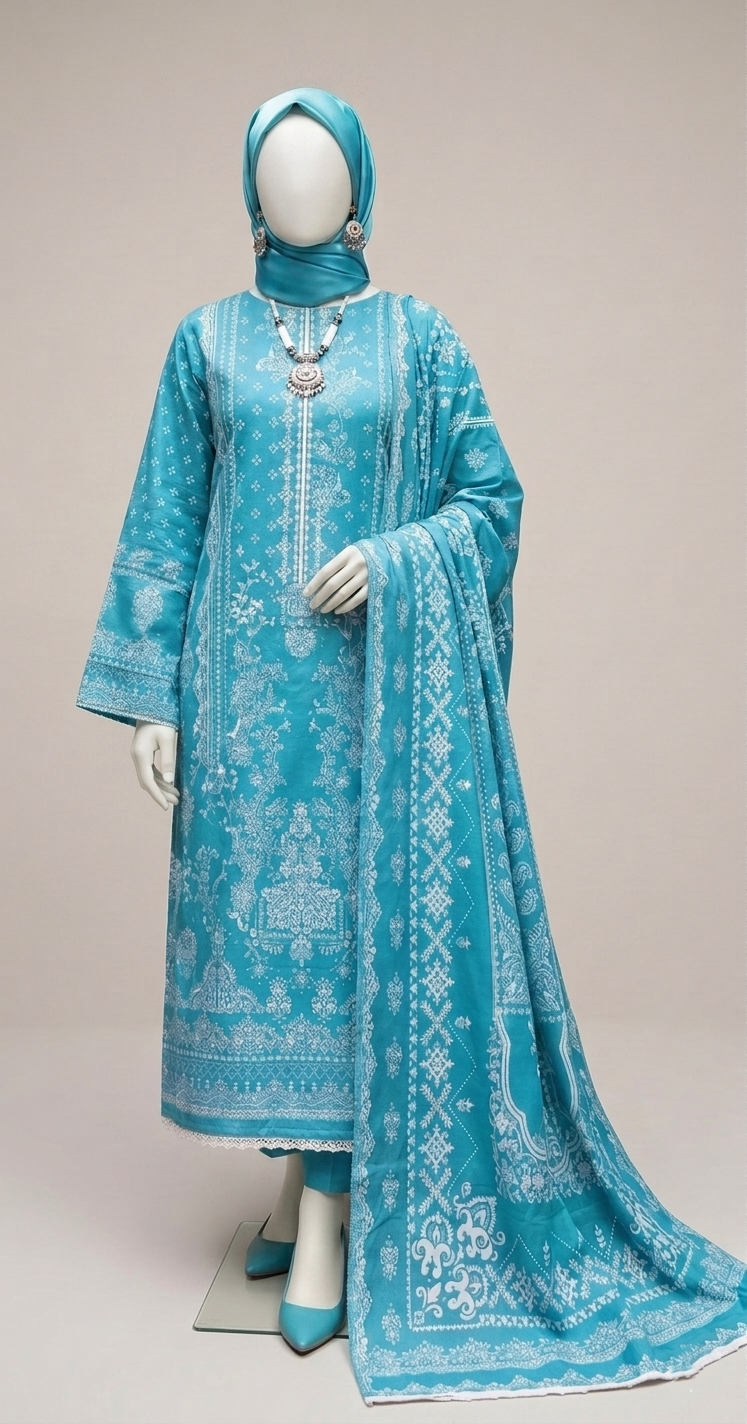 Premium Lawn Embroidered Series - Turquoise Blue (3-Piece Unstitched)