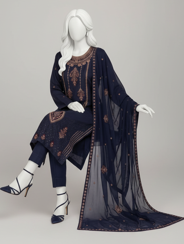 3-Piece Premium Embroidered Bana Dora Lawn Suit – Navy Blue