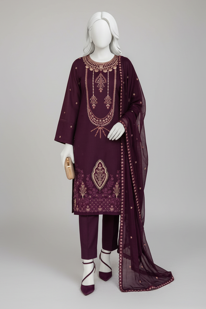 A three-piece women's salwar kameez suit in deep purple, displayed on a mannequin in an ornate, traditional Indian palace courtyard. The set includes a heavily embroidered kameez tunic, matching trousers, and a sheer embroidered dupatta.