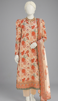 Premium Lawn 3-Piece Unstitched Suit - Cream & Orange