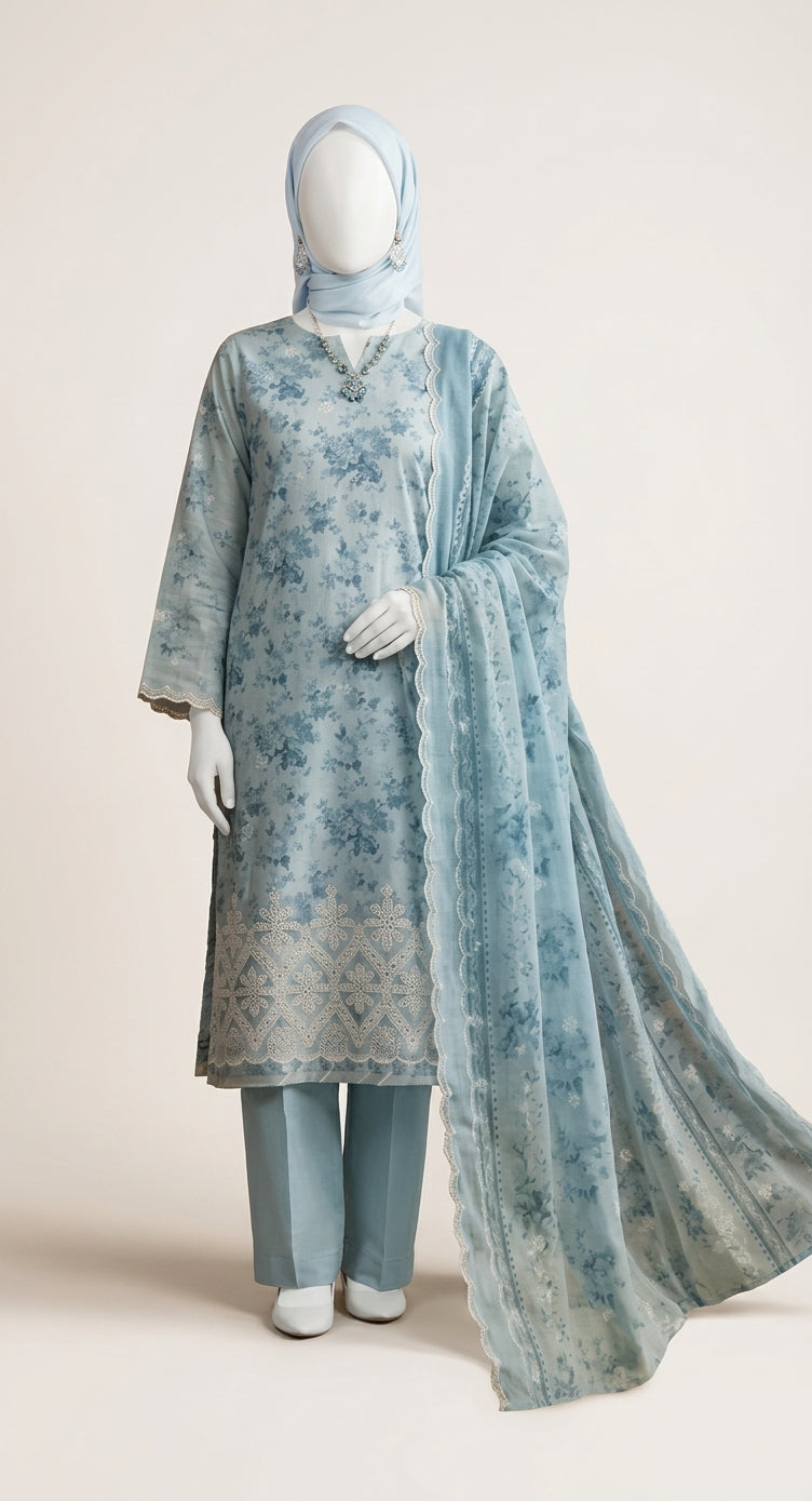 Premium Lawn Embroidered 3-Piece Unstitched Suit – Slate Blue