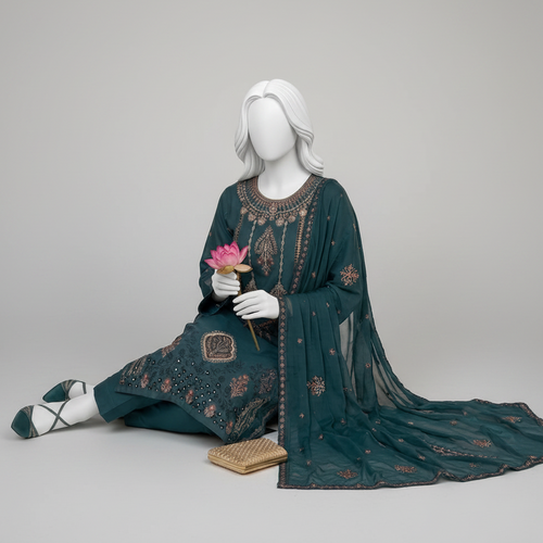 A mannequin dressed in a dark teal embroidered salwar kameez suit with a matching dupatta, seated in an ornate indoor courtyard with a red velvet swing chair and gold-toned decor.