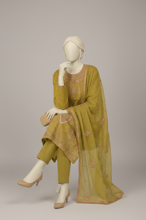 3-Piece Premium Embroidered Bana Dora Lawn Suit – Olive Green