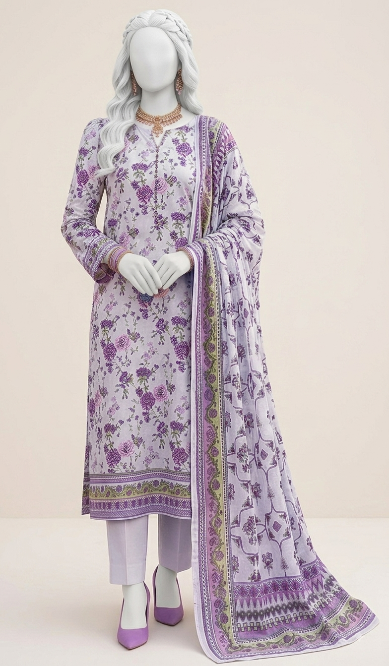 3-Piece Premium Printed Lawn Suit – Soft Lilac (US31)