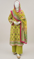 Premium Lawn 3-Piece Unstitched Suit - Lime Green & Pink