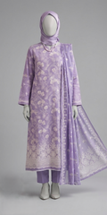 Woman wearing a lavender outfit with hijab against a warm-toned background, featuring Insia branding.