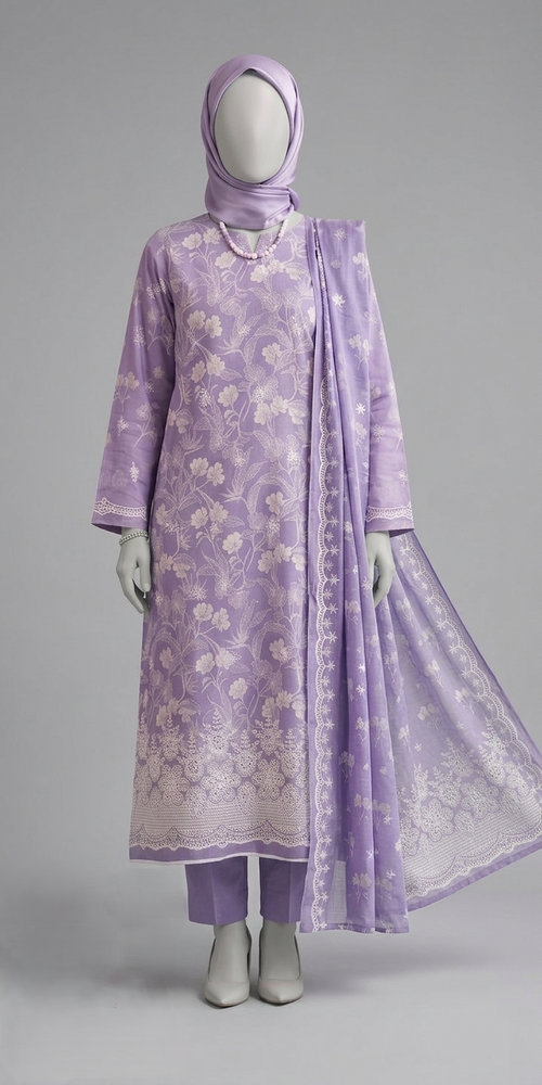 Woman wearing a lavender outfit with hijab against a warm-toned background, featuring Insia branding.