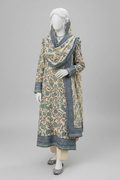 A mannequin wearing a traditional South Asian outfit with a beige and blue floral print kurta, matching dupatta, and beige trousers, set against an outdoor garden pavilion background.
